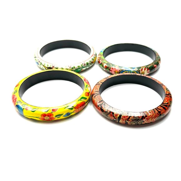 Hand-Painted Folk Art Wooden Bangle Bracelets Set of 4—Floral Designs—Like New - Picture 4 of 8